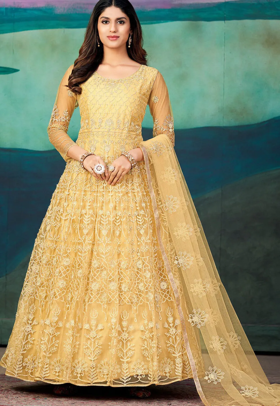 Embroidered Net Abaya Style Suit in Beige
