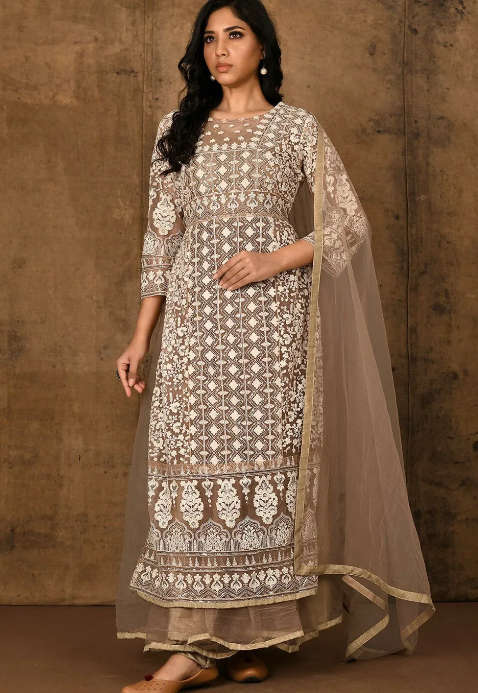 Embroidered Net Abaya Style Suit in Beige
