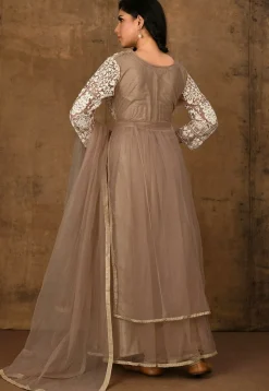 Embroidered Net Abaya Style Suit in Beige