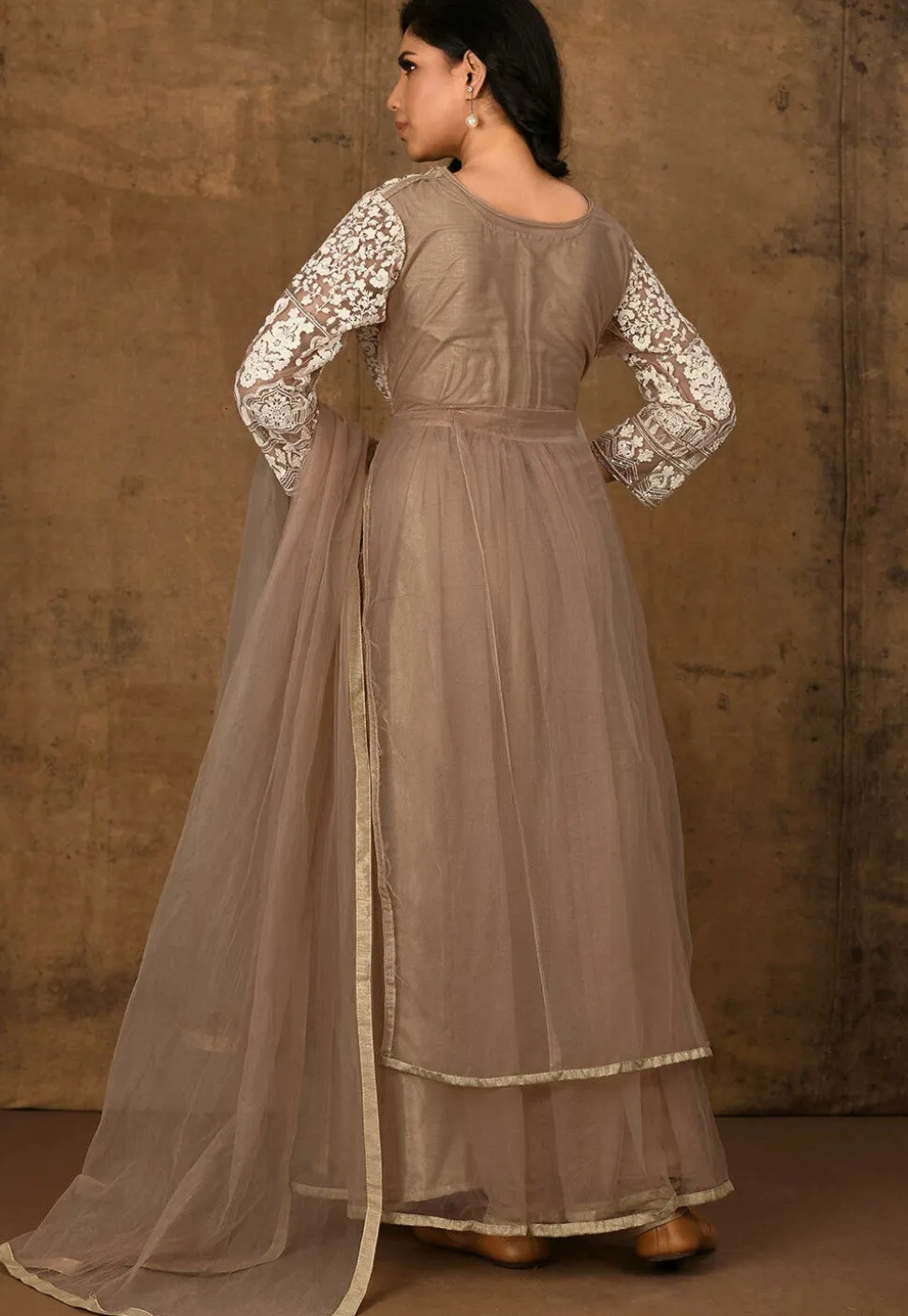 Embroidered Net Abaya Style Suit in Beige