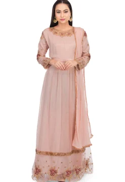 Embroidered Net Abaya Style Suit in Dusty Pink