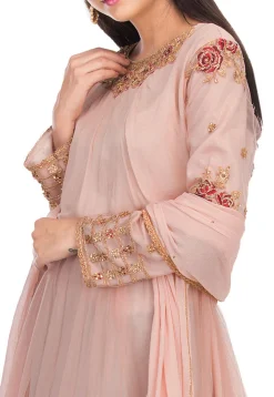 Embroidered Net Abaya Style Suit in Dusty Pink