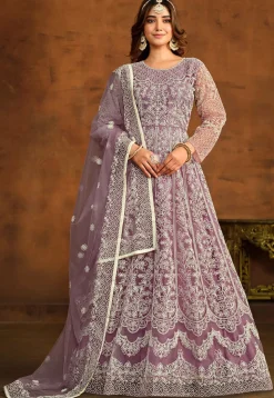 Embroidered Net Abaya Style Suit in Purple