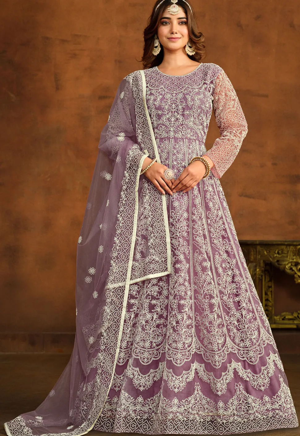 Embroidered Net Abaya Style Suit in Purple
