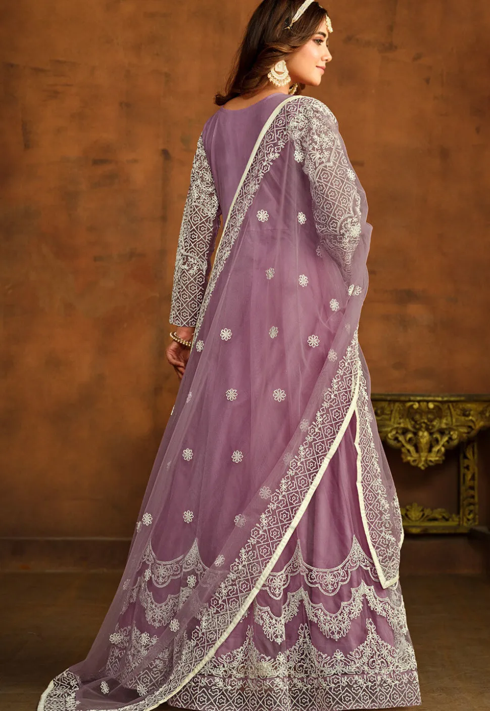 Embroidered Net Abaya Style Suit in Purple