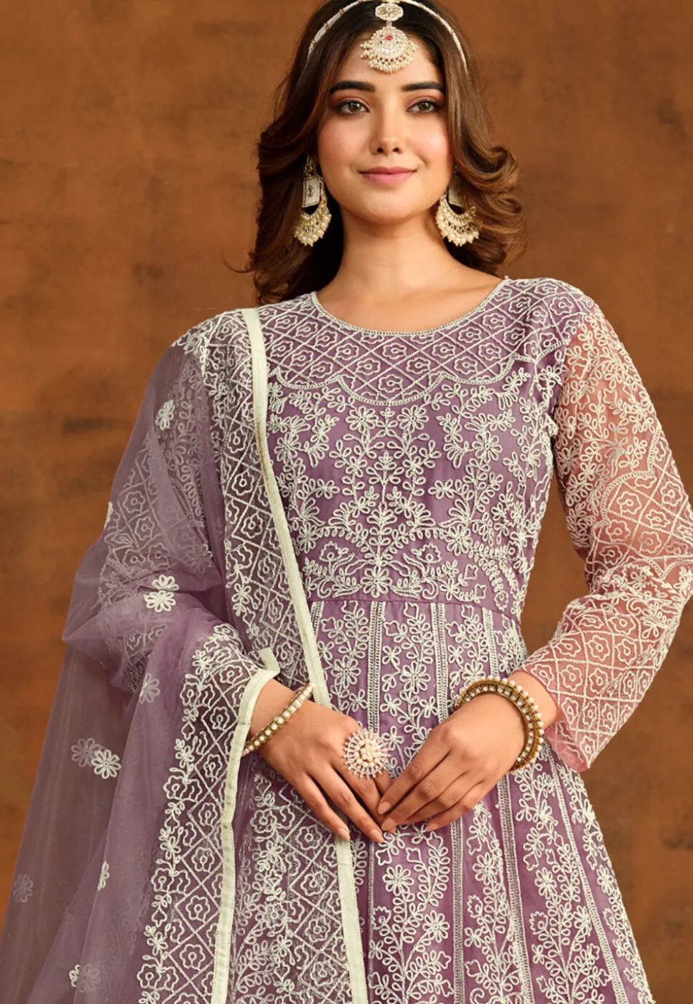 Embroidered Net Abaya Style Suit in Purple