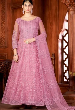 Embroidered Net Abaya Style Suit in Pink