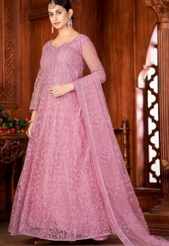Embroidered Net Abaya Style Suit in Pink
