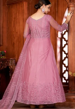 Embroidered Net Abaya Style Suit in Pink