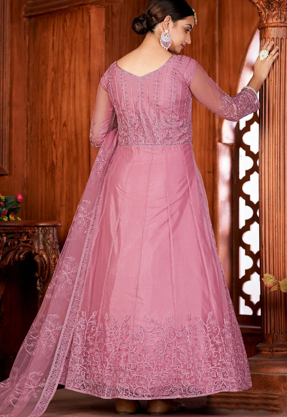 Embroidered Net Abaya Style Suit in Pink