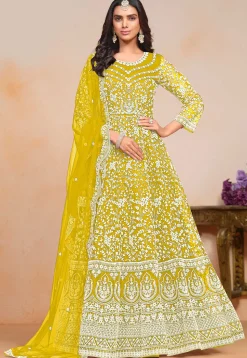 Embroidered Net Abaya Style Suit in Mustard