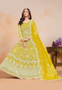 Embroidered Net Abaya Style Suit in Mustard