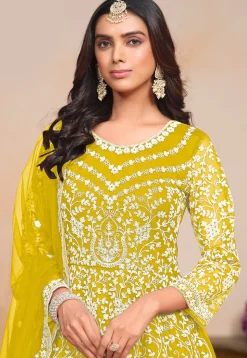 Embroidered Net Abaya Style Suit in Mustard