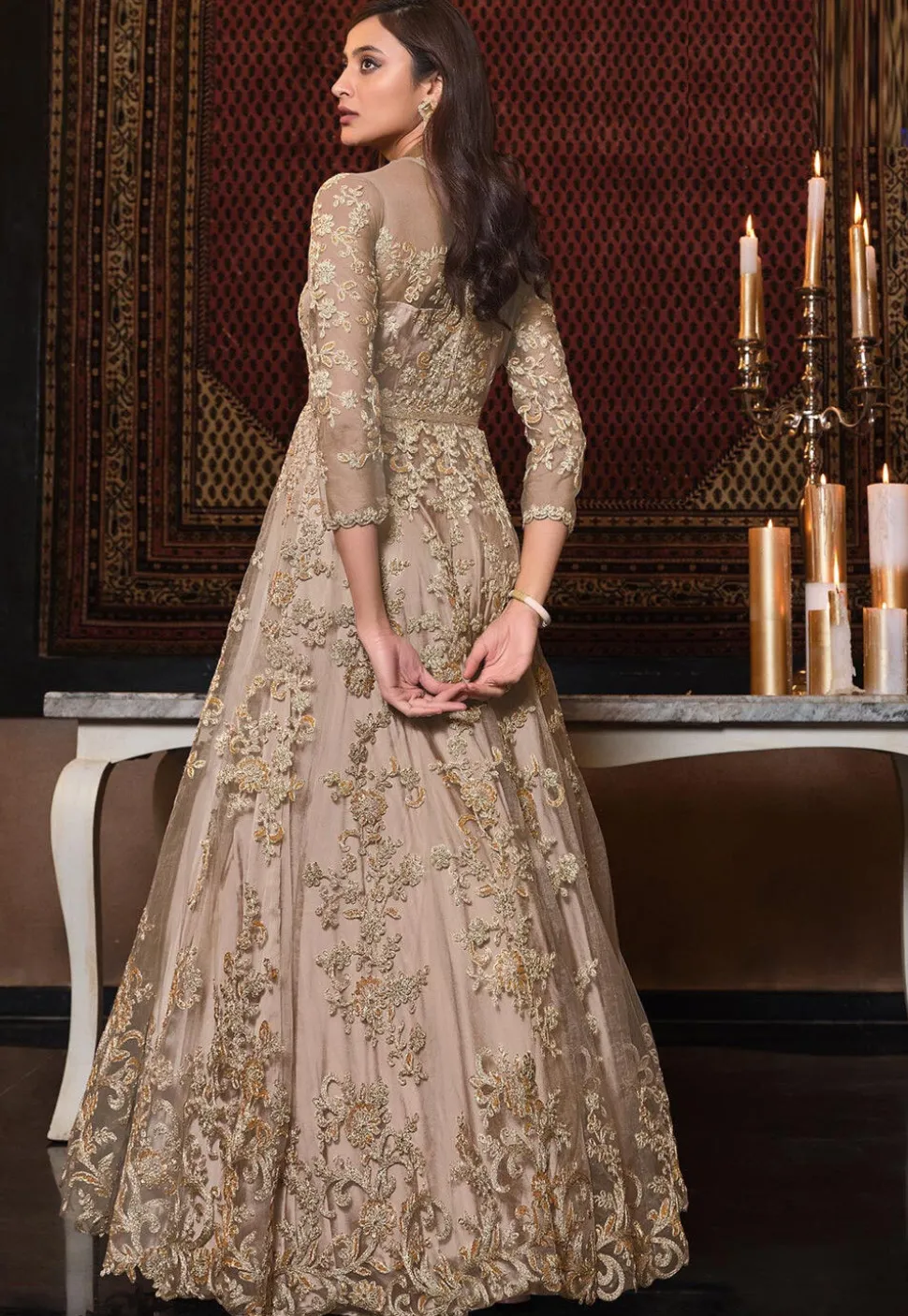 Embroidered Net Abaya Style Suit in Beige