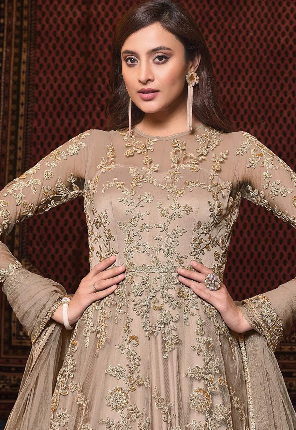 Embroidered Net Abaya Style Suit in Beige