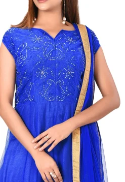 Embroidered Net Abaya Style Suit in Royal Blue