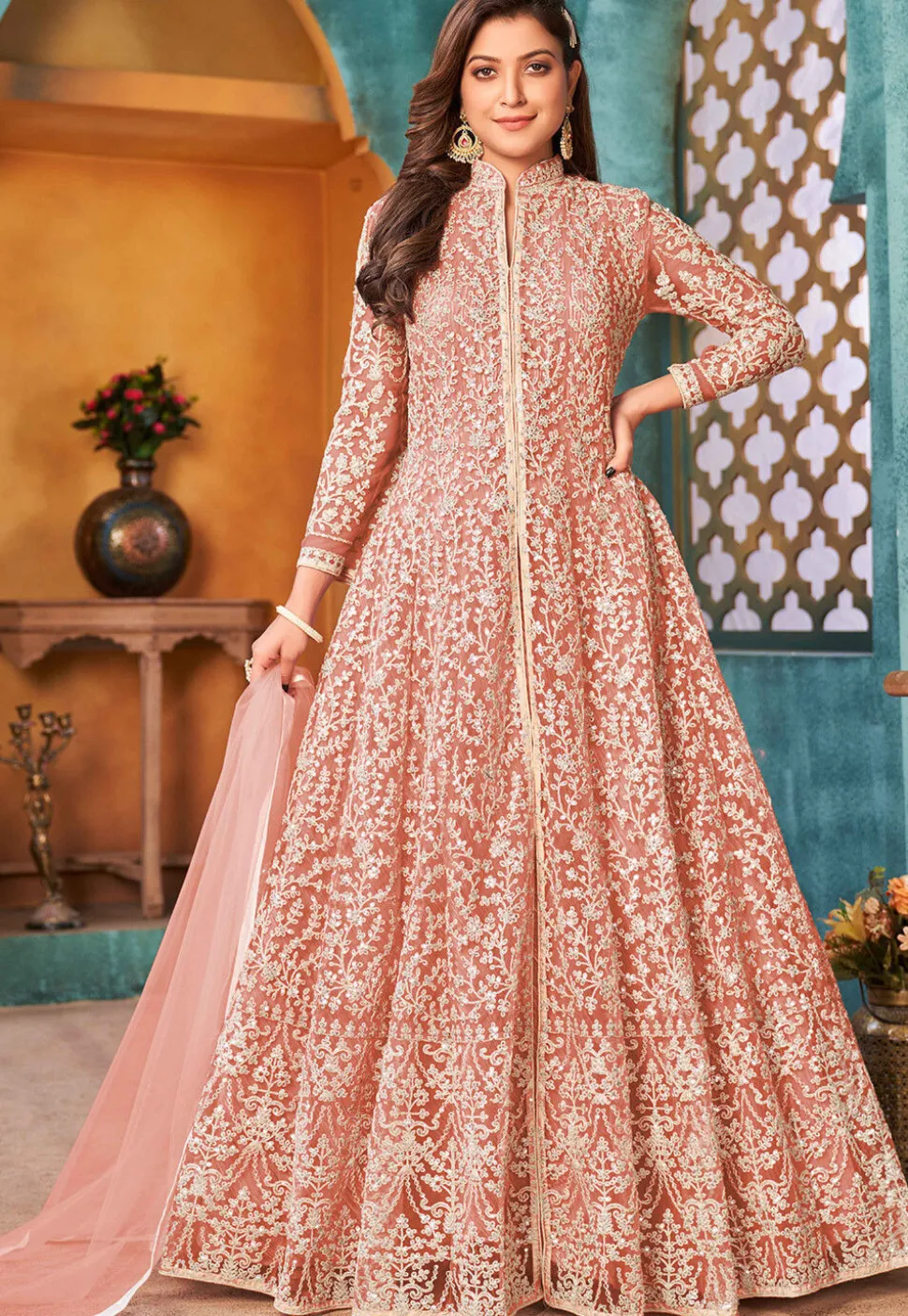 Embroidered Net Abaya Style Suit in Peach