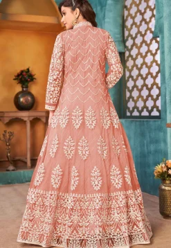 Embroidered Net Abaya Style Suit in Peach