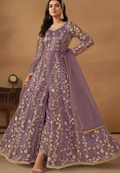 Embroidered Net Abaya Style Suit in Purple
