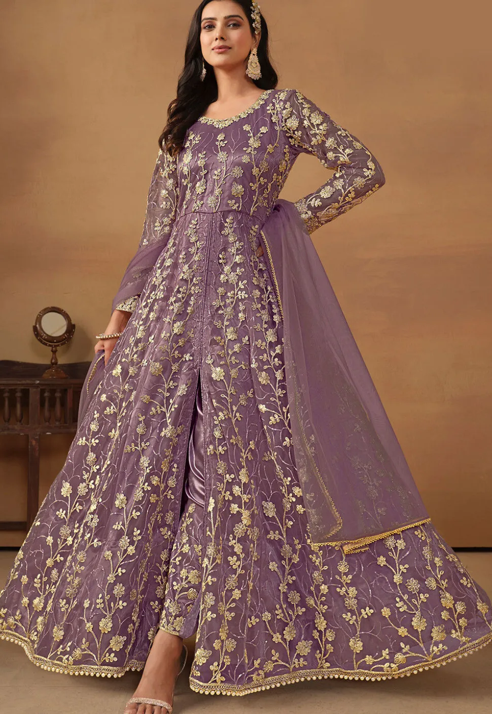 Embroidered Net Abaya Style Suit in Purple