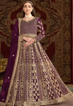 Embroidered Net Abaya Style Suit in Purple