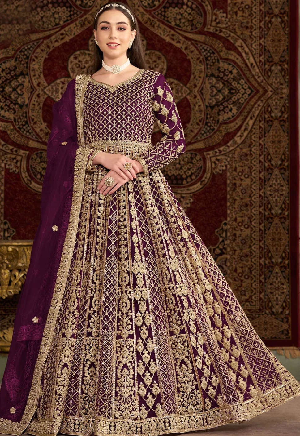 Embroidered Net Abaya Style Suit in Purple
