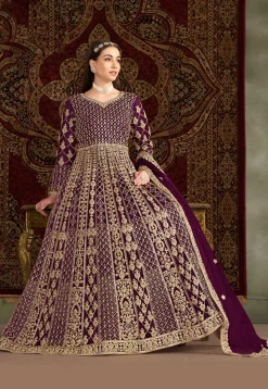 Embroidered Net Abaya Style Suit in Purple