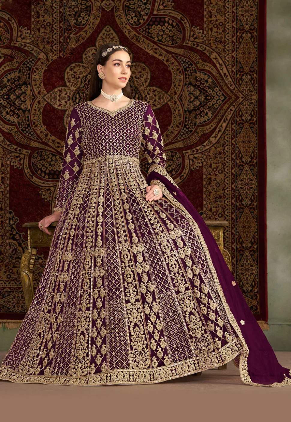 Embroidered Net Abaya Style Suit in Purple