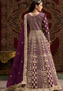 Embroidered Net Abaya Style Suit in Purple