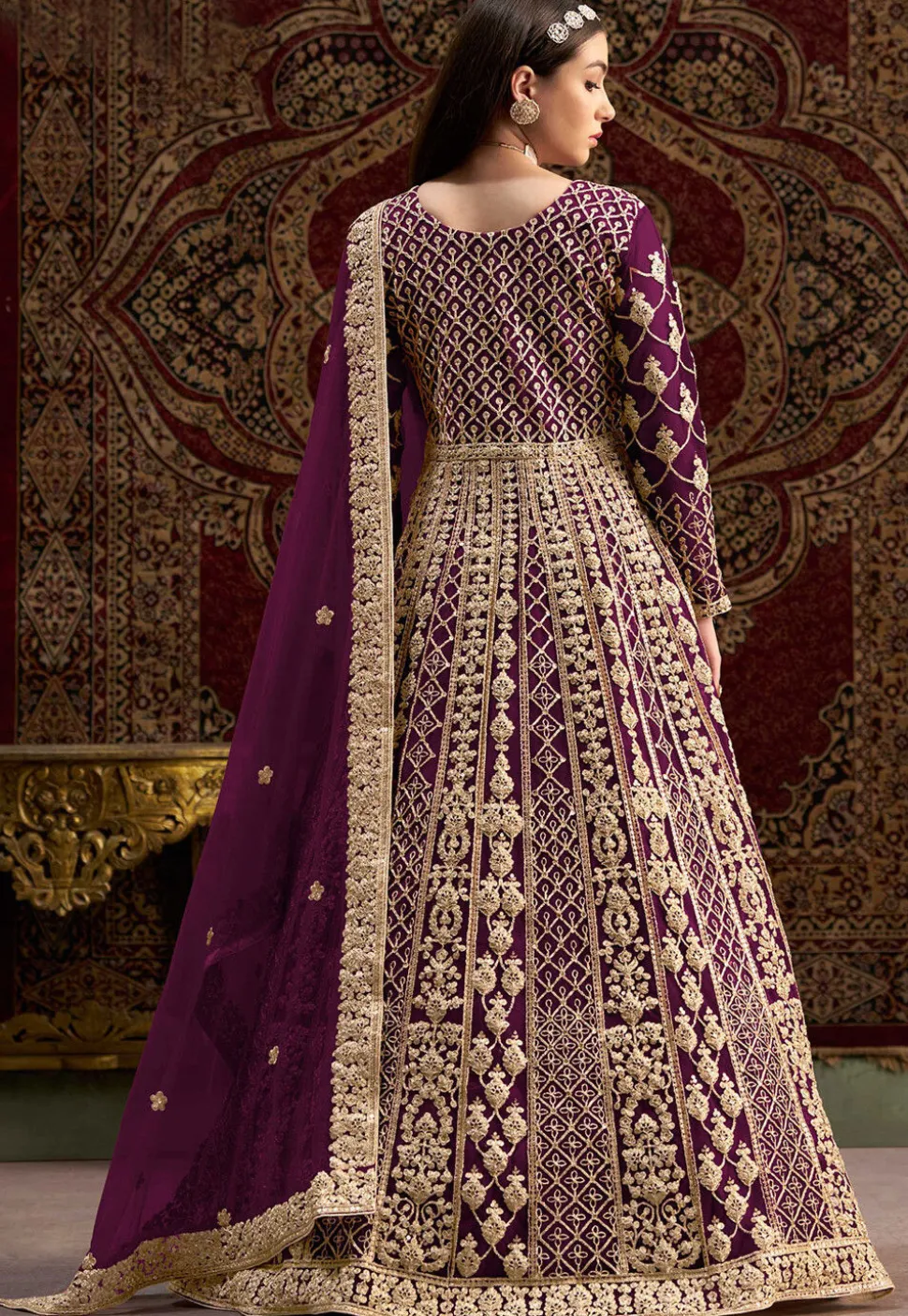 Embroidered Net Abaya Style Suit in Purple