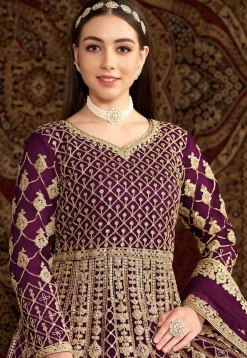 Embroidered Net Abaya Style Suit in Purple