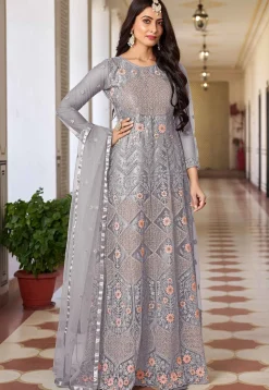 Embroidered Net Abaya Style Suit in Grey