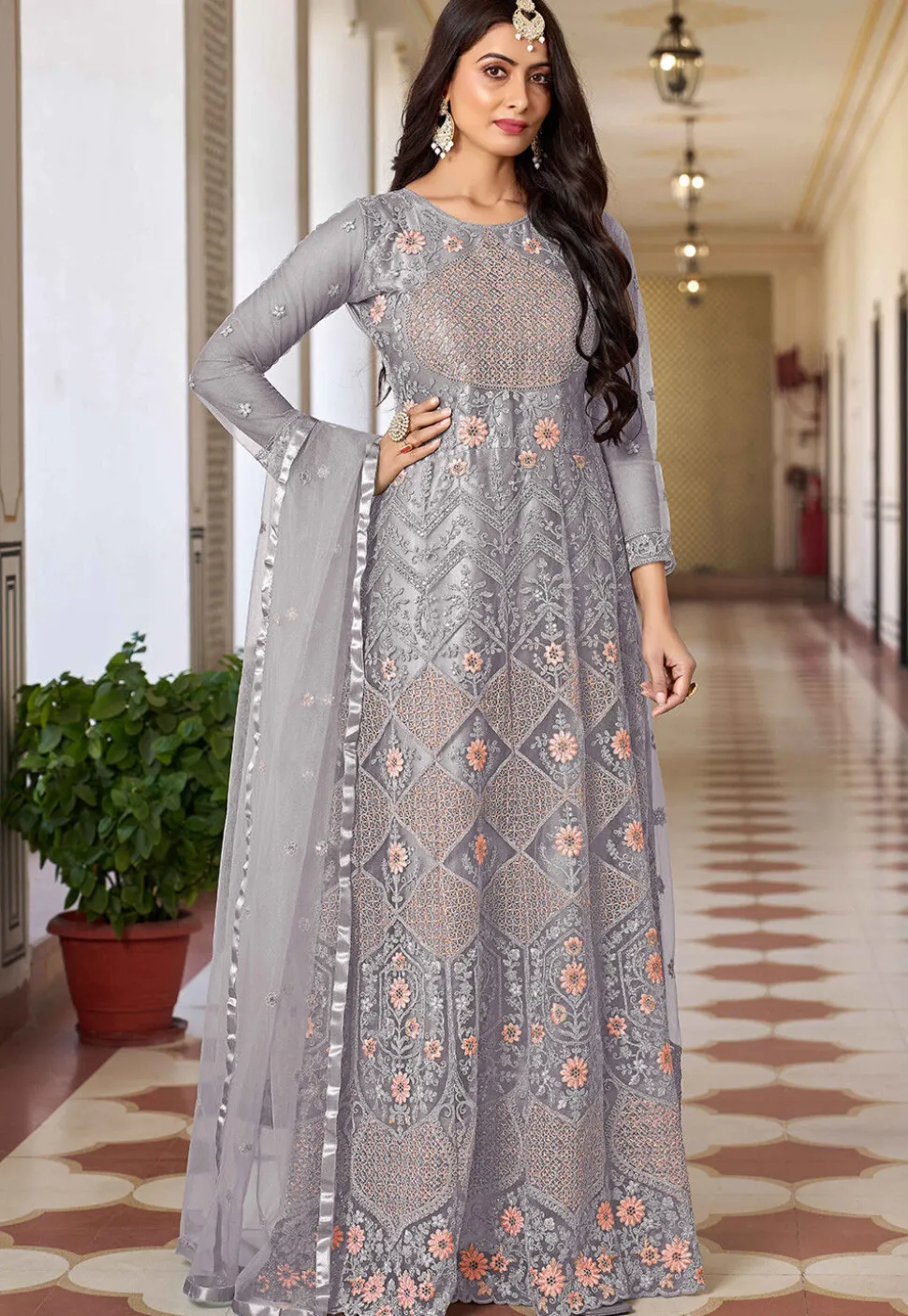 Embroidered Net Abaya Style Suit in Grey