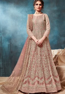 Embroidered Net Abaya Style Suit in Peach
