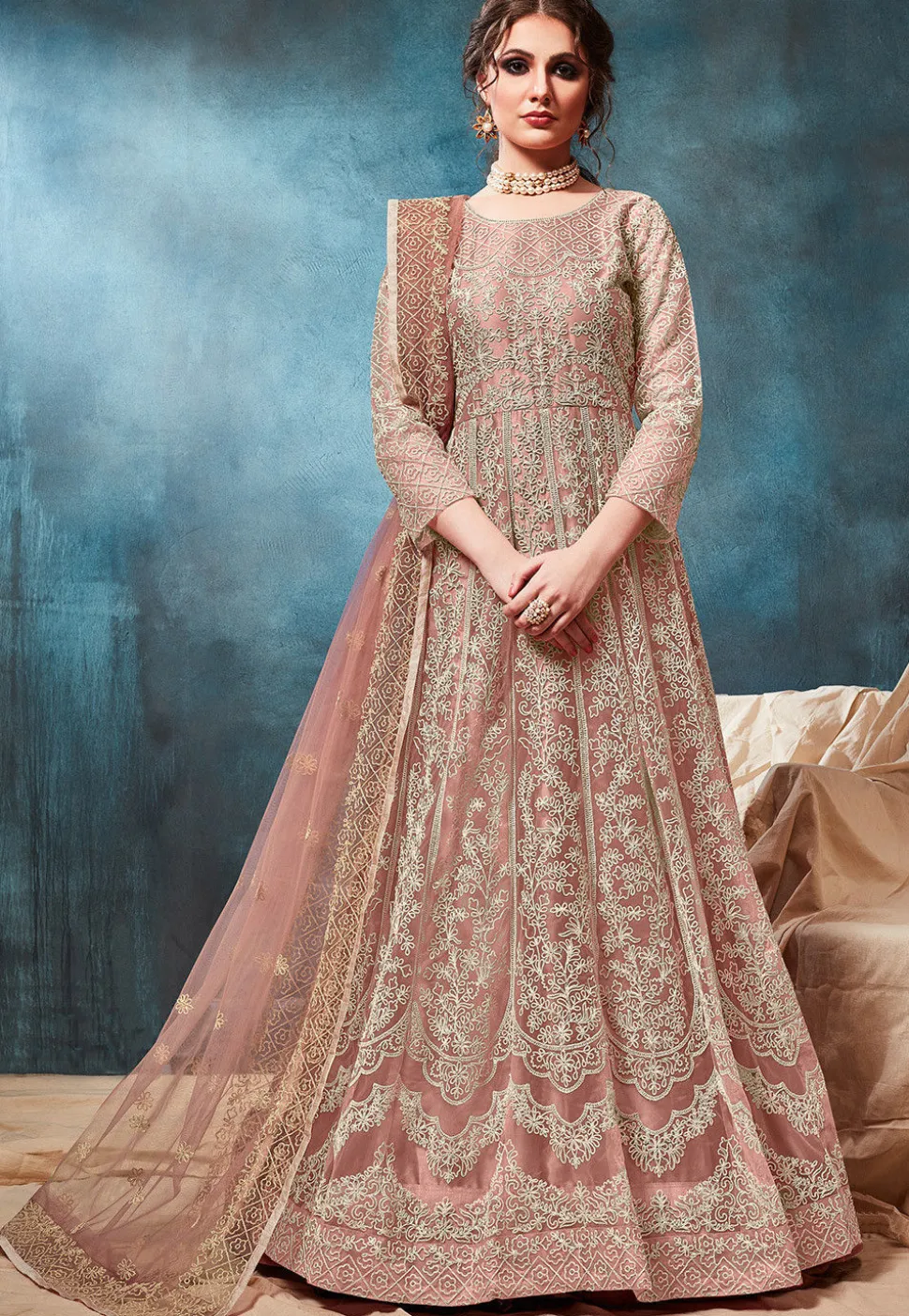 Embroidered Net Abaya Style Suit in Peach