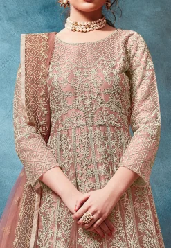 Embroidered Net Abaya Style Suit in Peach