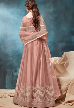 Embroidered Net Abaya Style Suit in Peach