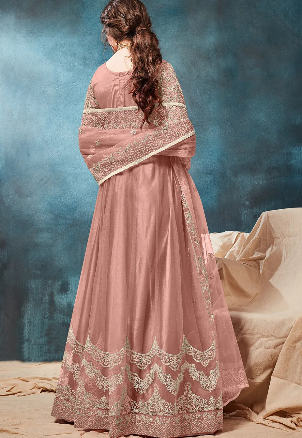 Embroidered Net Abaya Style Suit in Peach