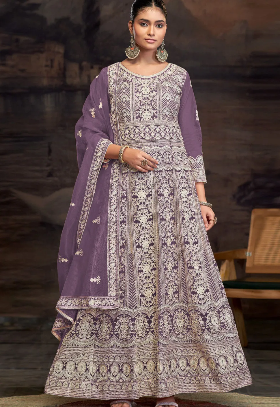 Embroidered Net Abaya Style Suit in Purple