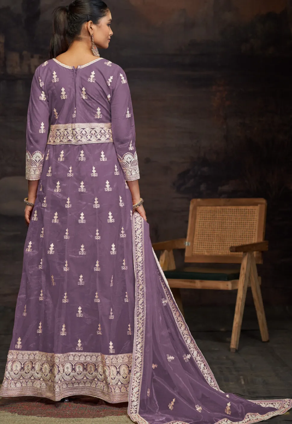 Embroidered Net Abaya Style Suit in Purple