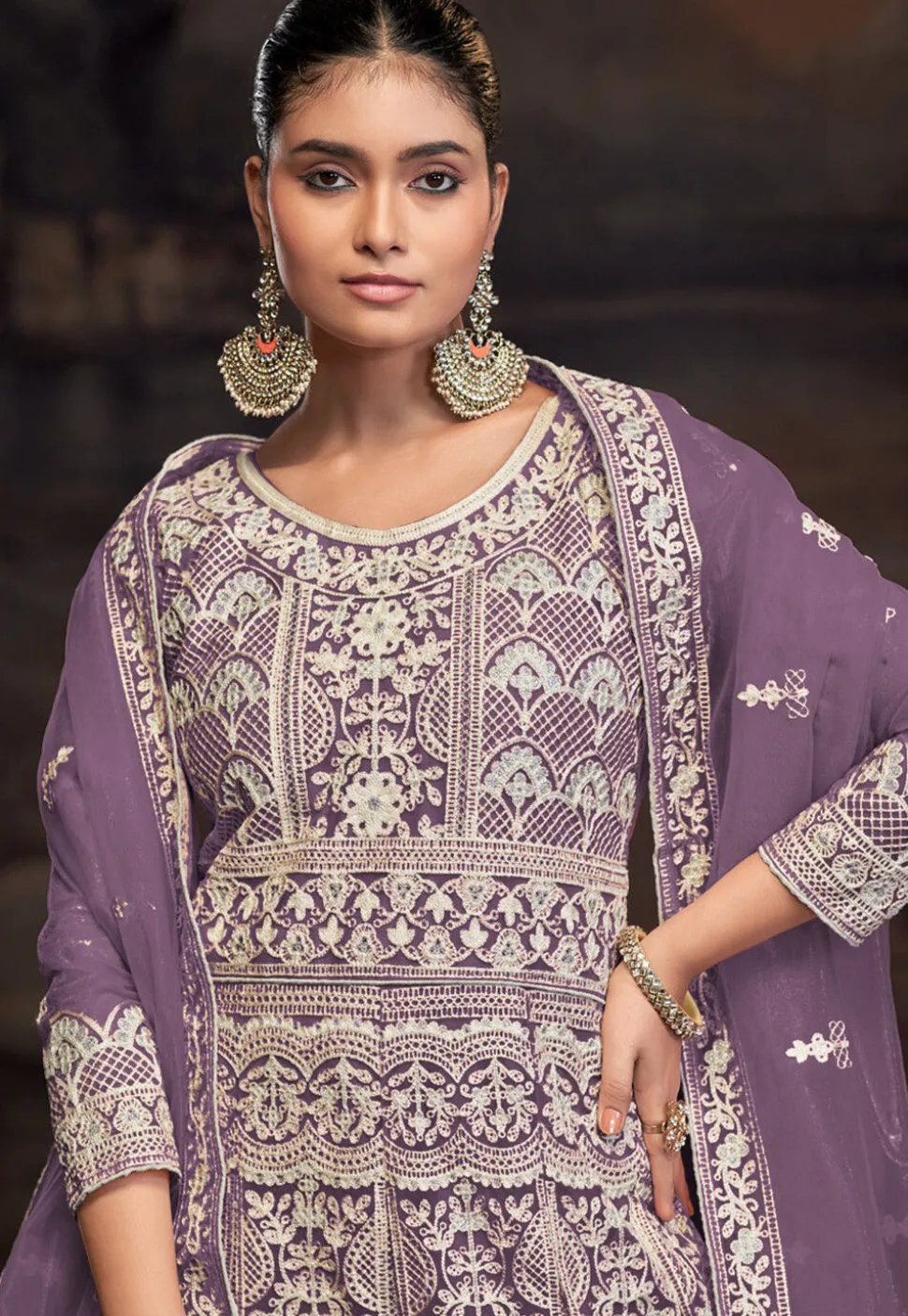 Embroidered Net Abaya Style Suit in Purple