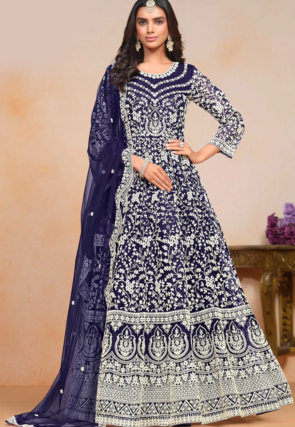 Embroidered Net Abaya Style Suit in Navy Blue