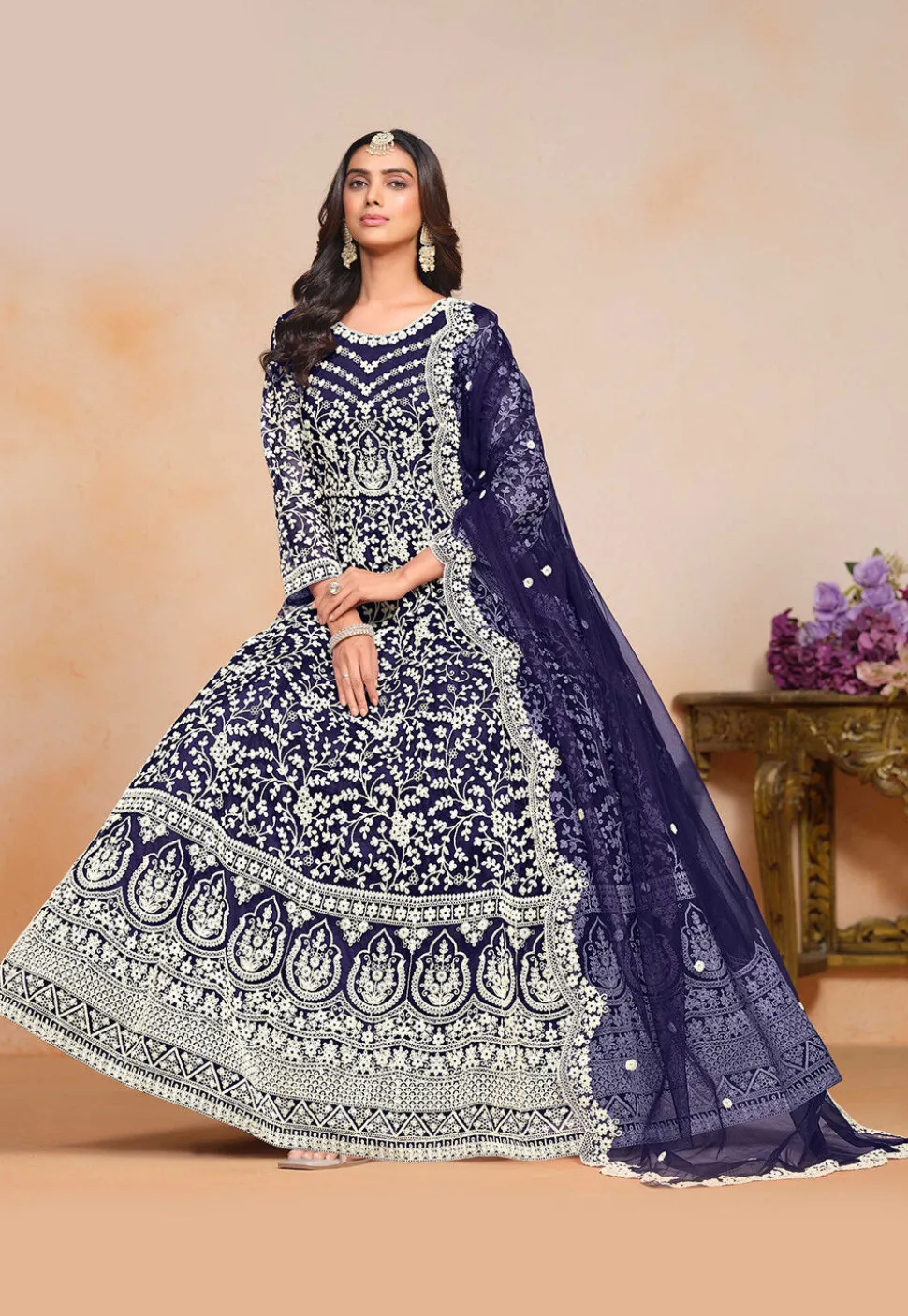 Embroidered Net Abaya Style Suit in Navy Blue