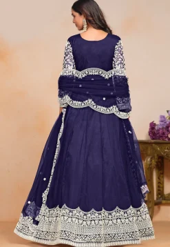 Embroidered Net Abaya Style Suit in Navy Blue