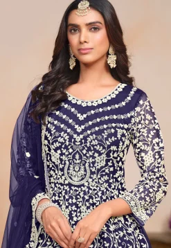 Embroidered Net Abaya Style Suit in Navy Blue