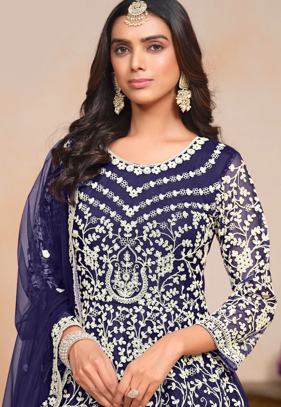 Embroidered Net Abaya Style Suit in Navy Blue