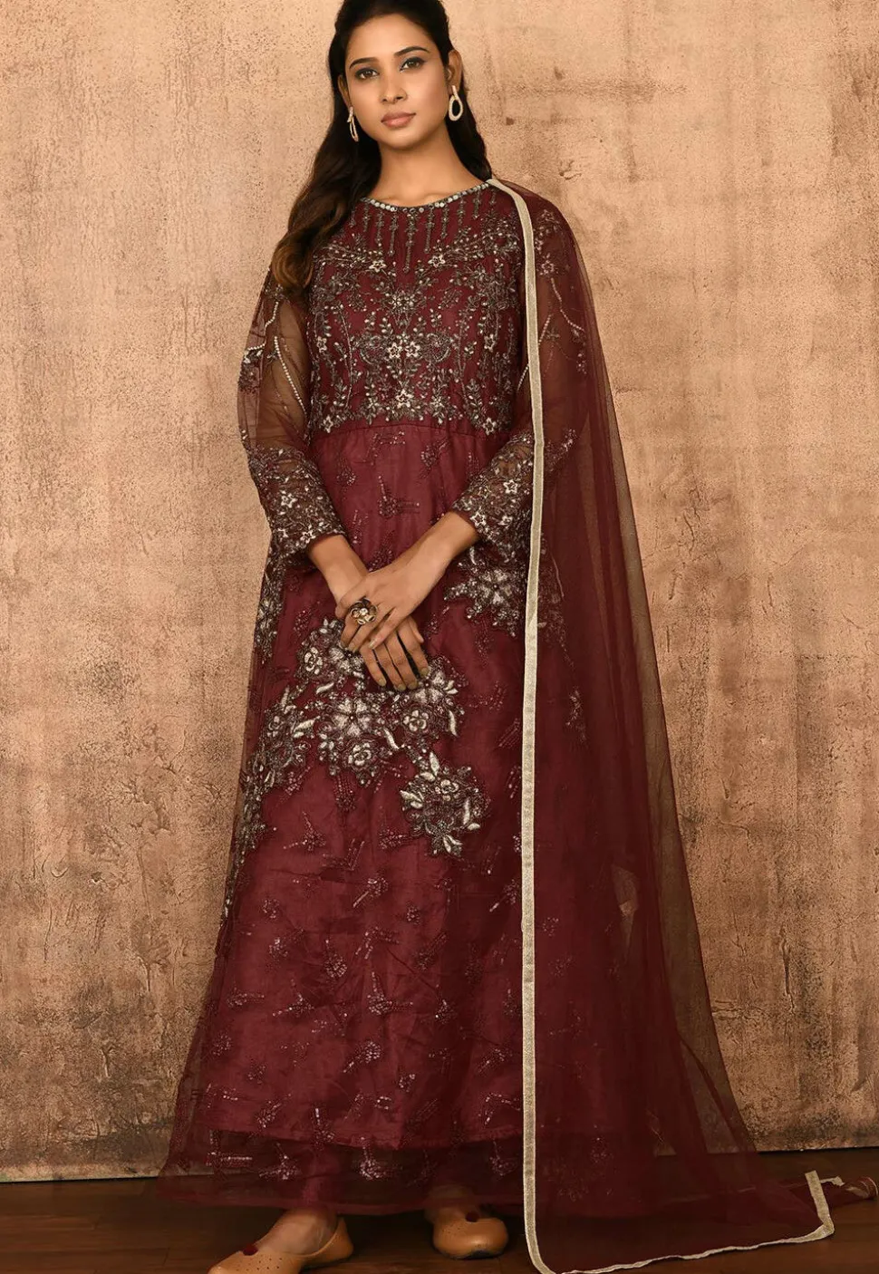 Embroidered Net Abaya Style Suit in Maroon