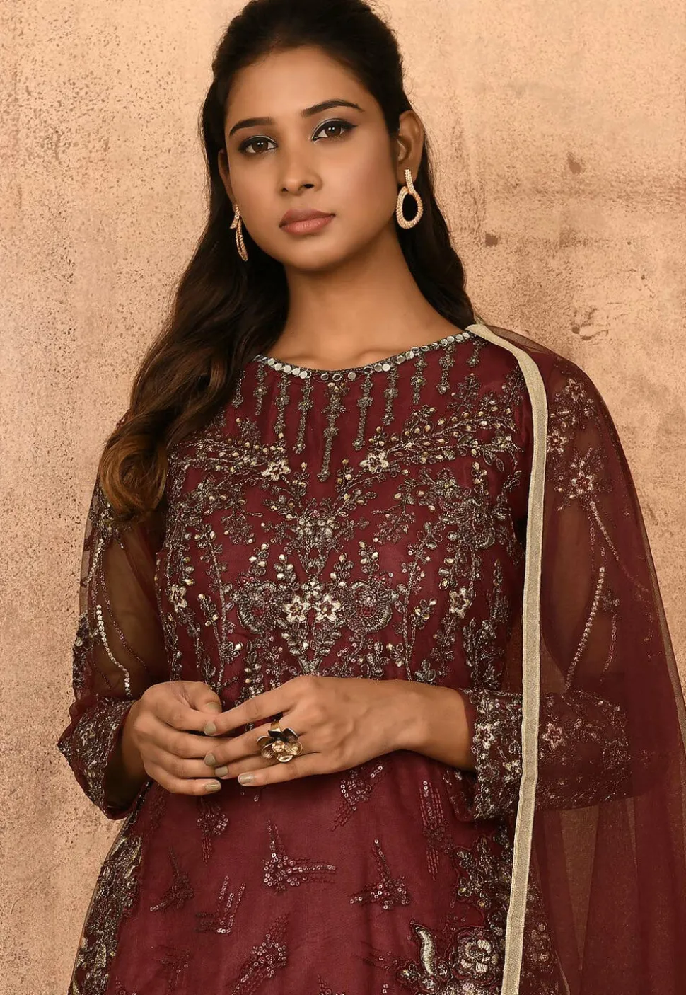 Embroidered Net Abaya Style Suit in Maroon