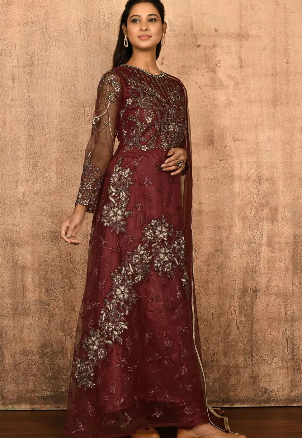 Embroidered Net Abaya Style Suit in Maroon