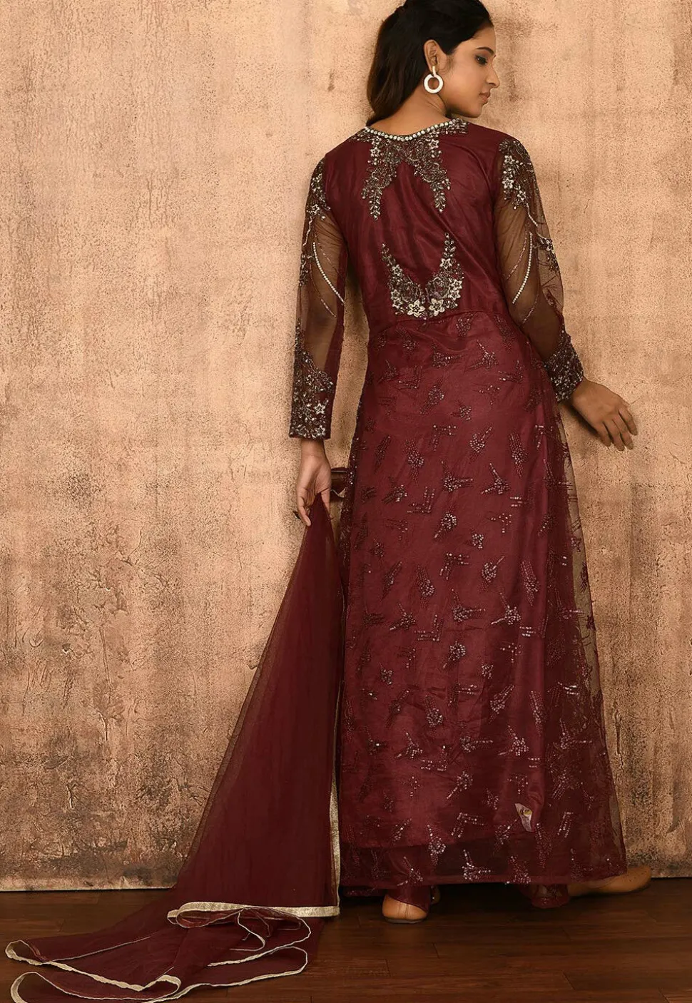 Embroidered Net Abaya Style Suit in Maroon